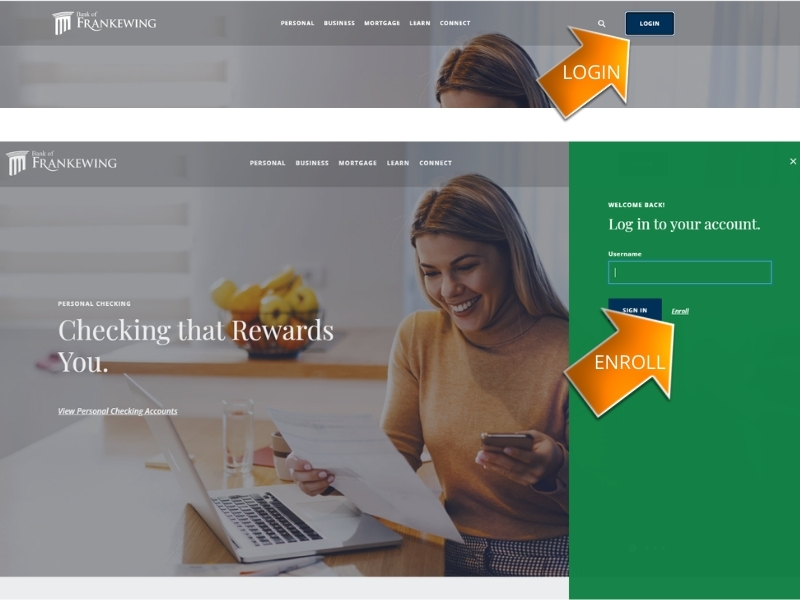 Online Banking Sign up directions pointing to Enroll link